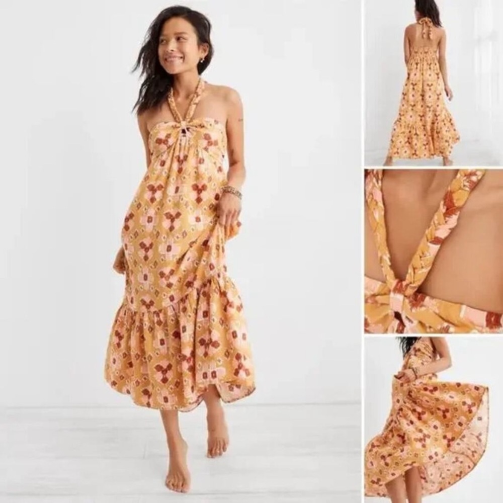 Aerie NWT Halter Neck Maxi Sundress Size Medium Linen Blend Yellow Boho Print